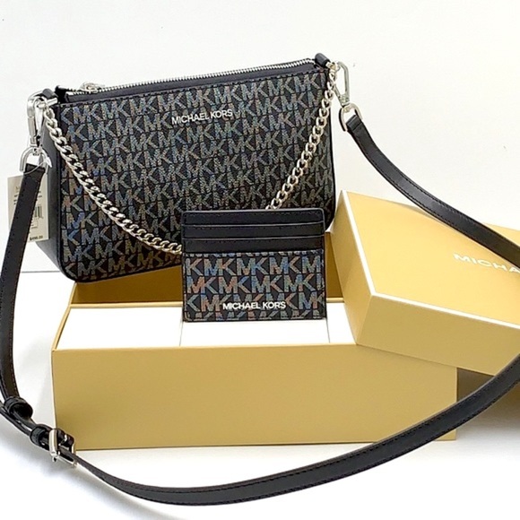 MICHAEL KORS GIFTABLE SHOULDER BAG & CARD HOLDER BOXED SET BLACK SIGNAT GLITTER - Picture 3 of 16